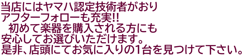 当店にはヤマハ認定技術者がおり アフターフォローも充実!! 　初めて楽器を購入される方にも 安心してお選びいただけます。 是非、店頭にてお気に入りの１台を見つけて下さい。